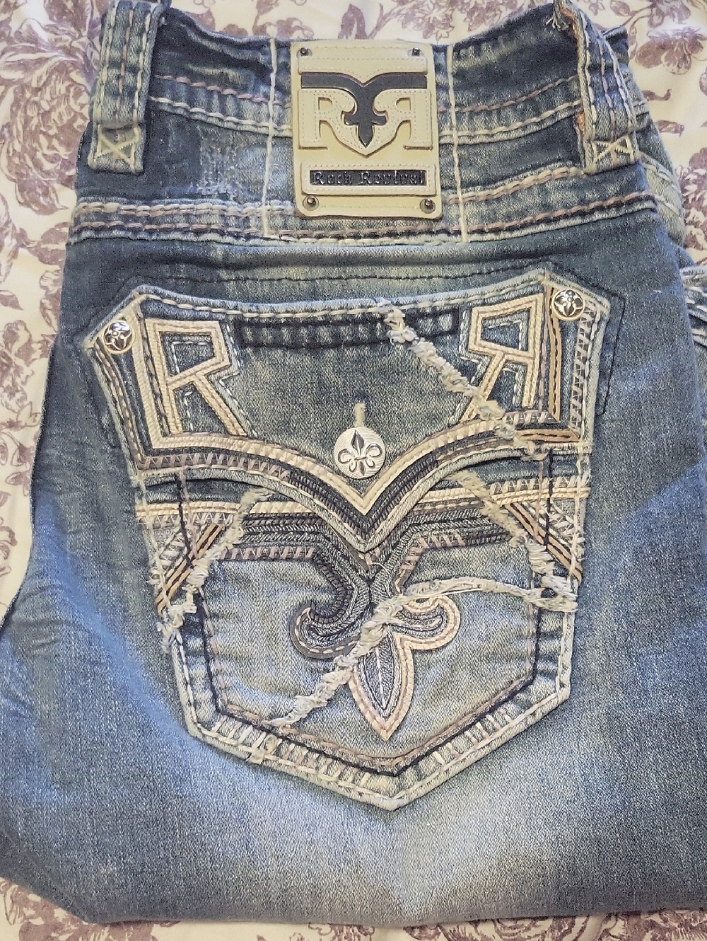 Mens Rock Revival Embroidered Light Blue Boot Cut Jeans